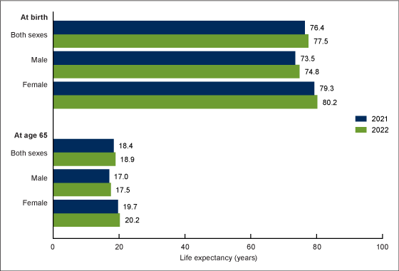 Figure 1 is a horizontal bar graph showing the life expectancy at birth and at age 65 by sex in the United States in 2021 and 2022.