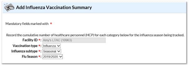 NHSN Application Add Influenza Vaccination Summary page