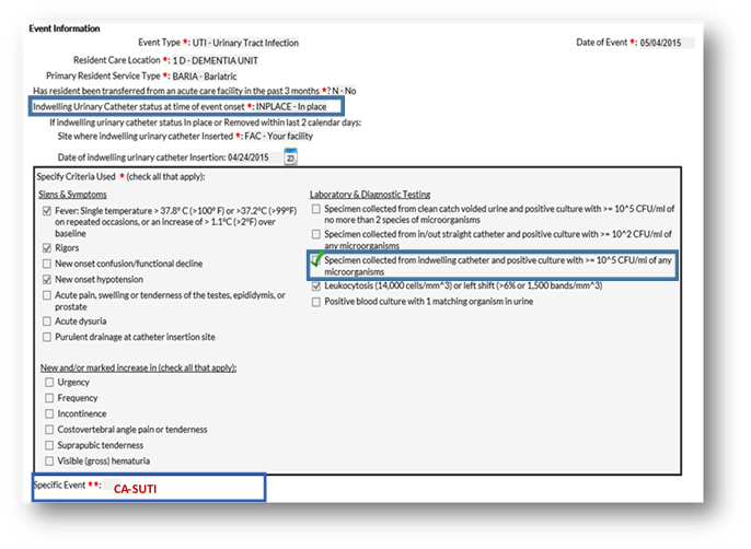 example of CA-SUTI Event Information report with a check mark on the option "Specimen collected from indwelling catheter and positive culture with >=10^5 CFU/ml of any microorganisms"