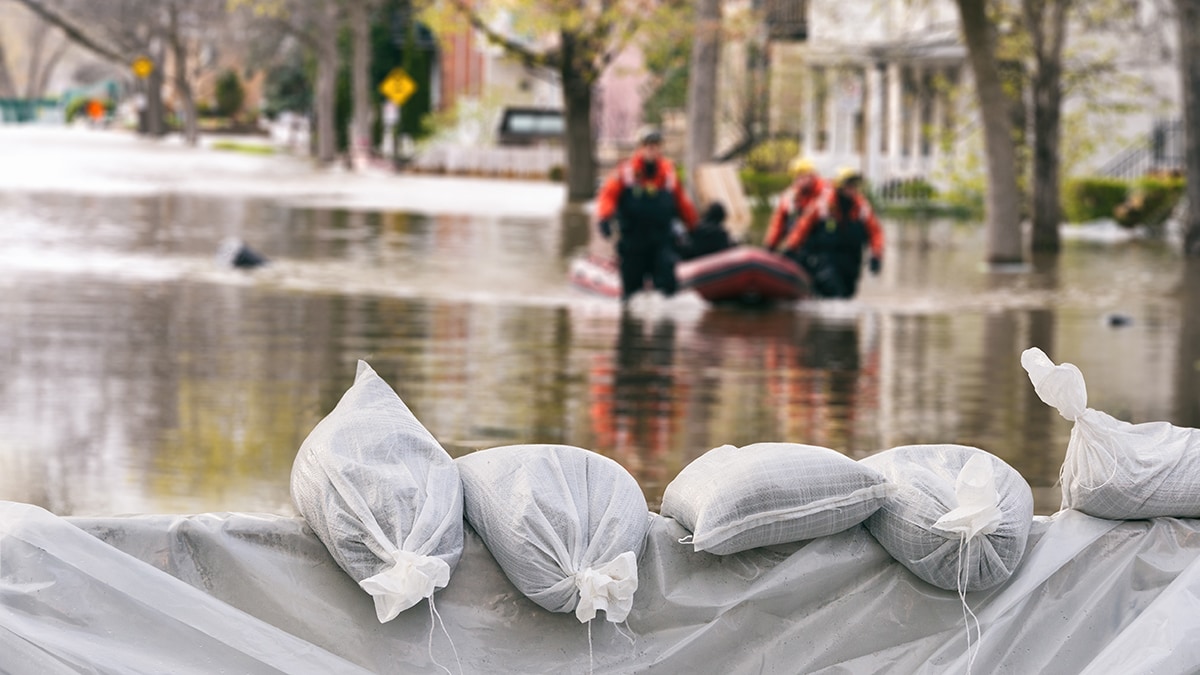 workers in the distance pulling a boat through floodwater