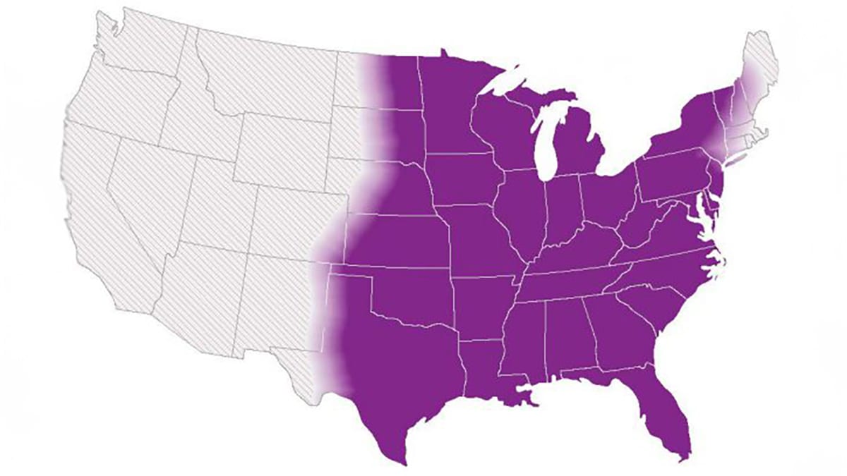 Map with shading in the eastern United States