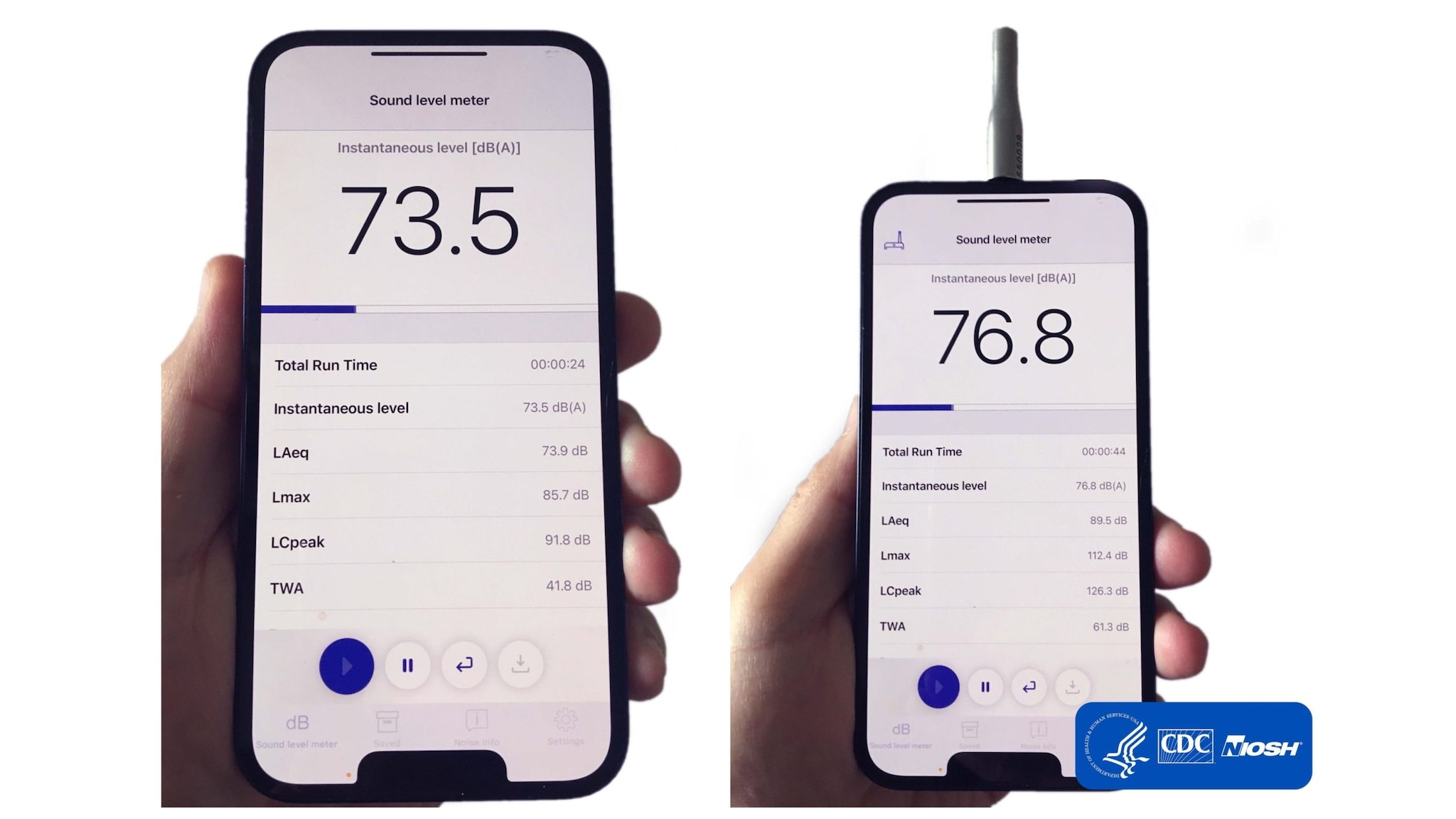 Screen shot of the sound level meter app.