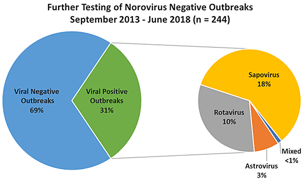 Further Testing of Norovirus Negative Outbreaks, September 2013 - June 2018 (n=244). Viral Negative Outbreaks: 69%; Viral Positive Outbreaks: 31%--Sapovirus: 18%, Rotavirus: 10%, Astrovirus: 3%, Mixed: <1%