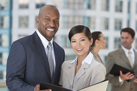 a man and a woman holding a portfolio