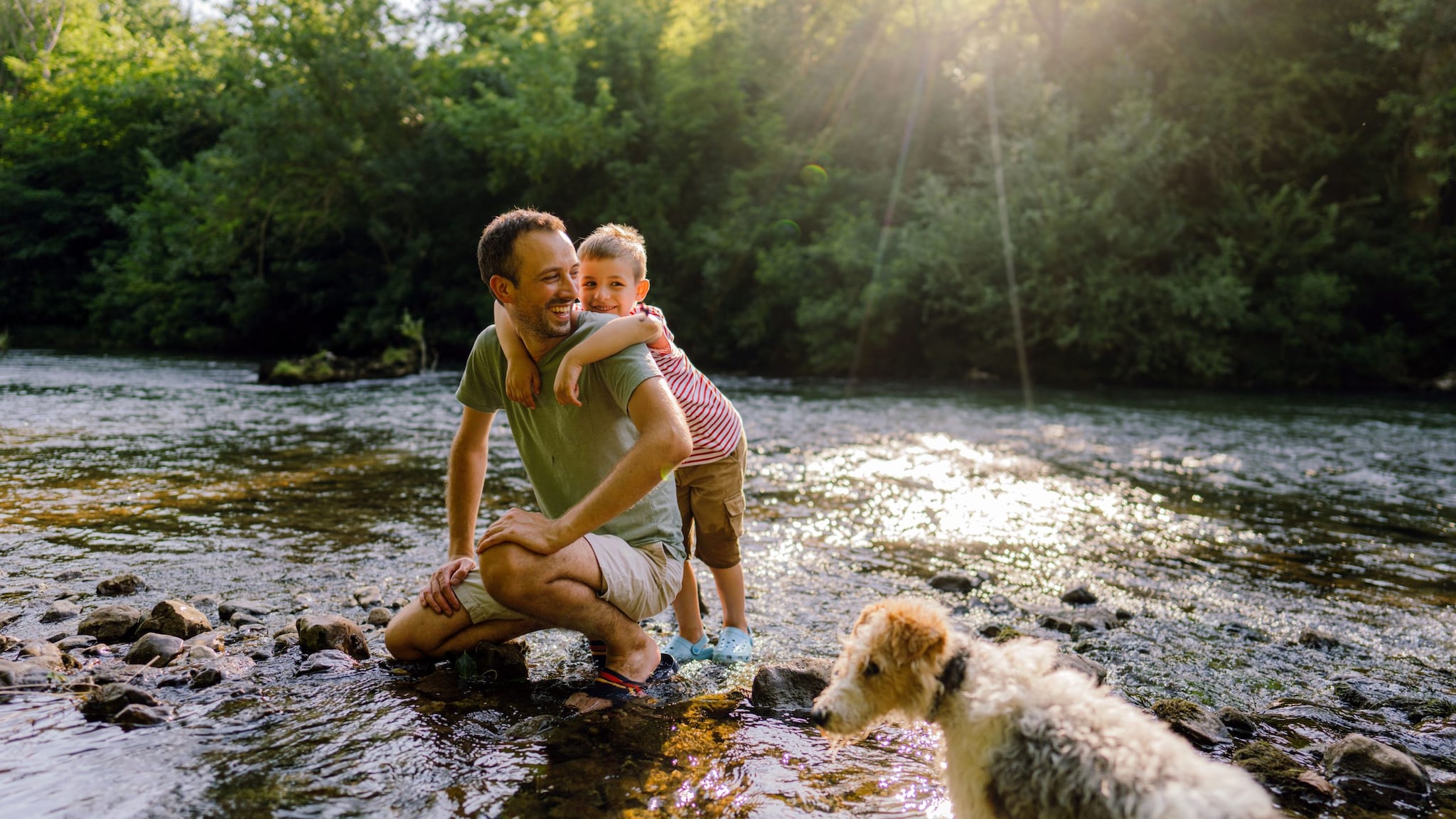 A man crouches down while a boy hangs on his neck. Both are smiling and are standing on a shallow part of a stream water. A dog stands close by. The sun shines through lush green trees in the background.