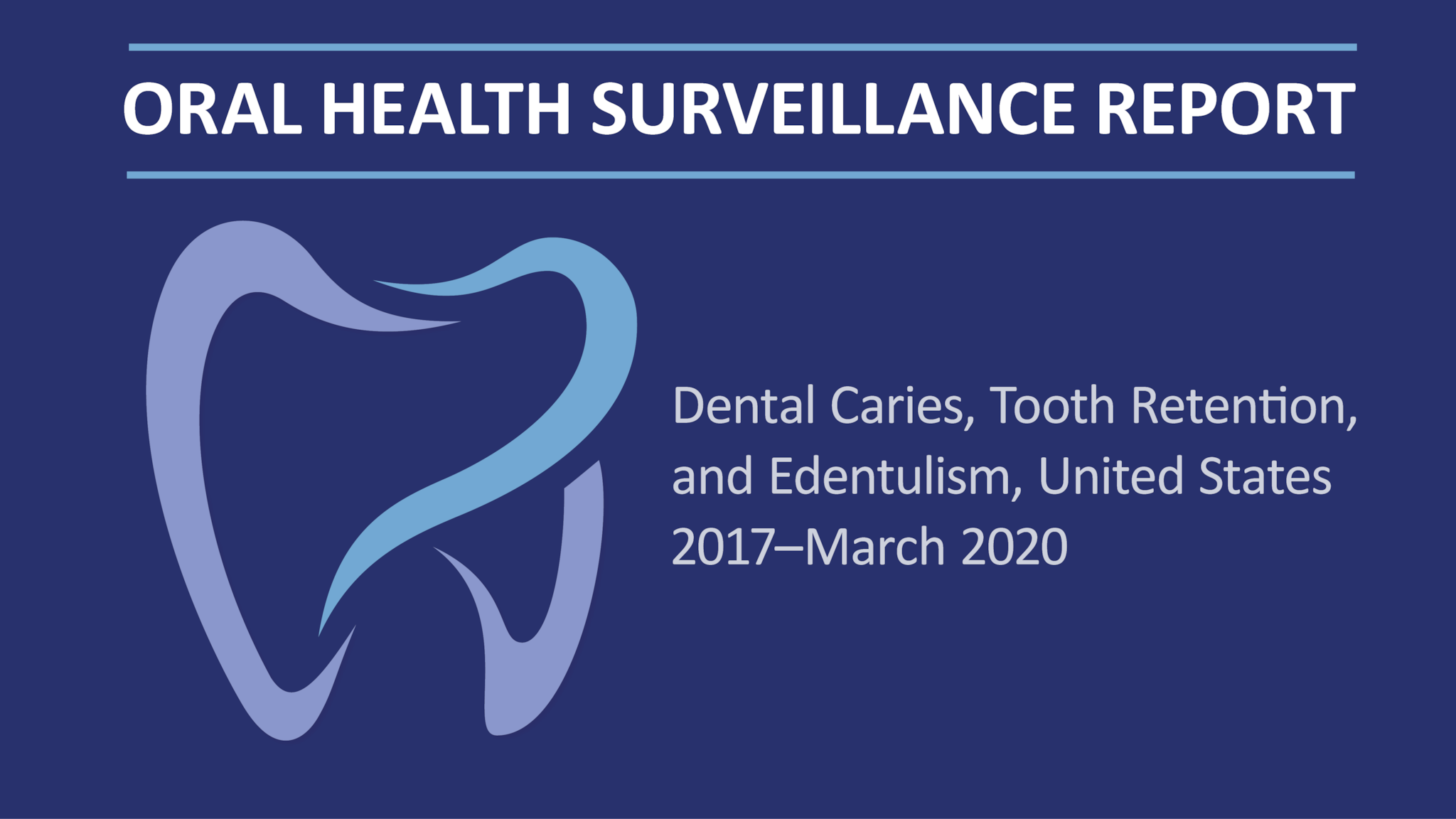 A tooth with "Oral Health Surveillance Report" above it and "Dental Caries, Tooth Retention, and Edentulism, United States 2017-March 2020" to the right of the tooth on a purple background