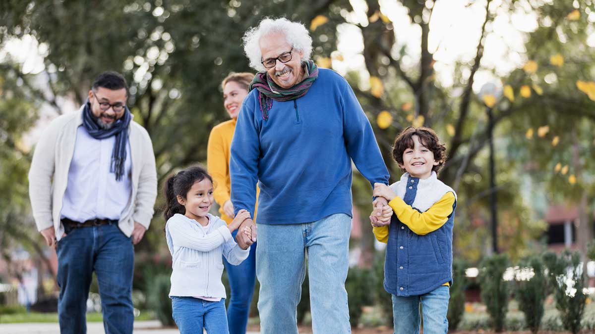 Hispanic family walkingoutside.