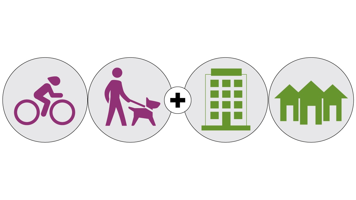 Drawings of a person biking and a person walking a dog to illustrate active routes to office buildings and homes.