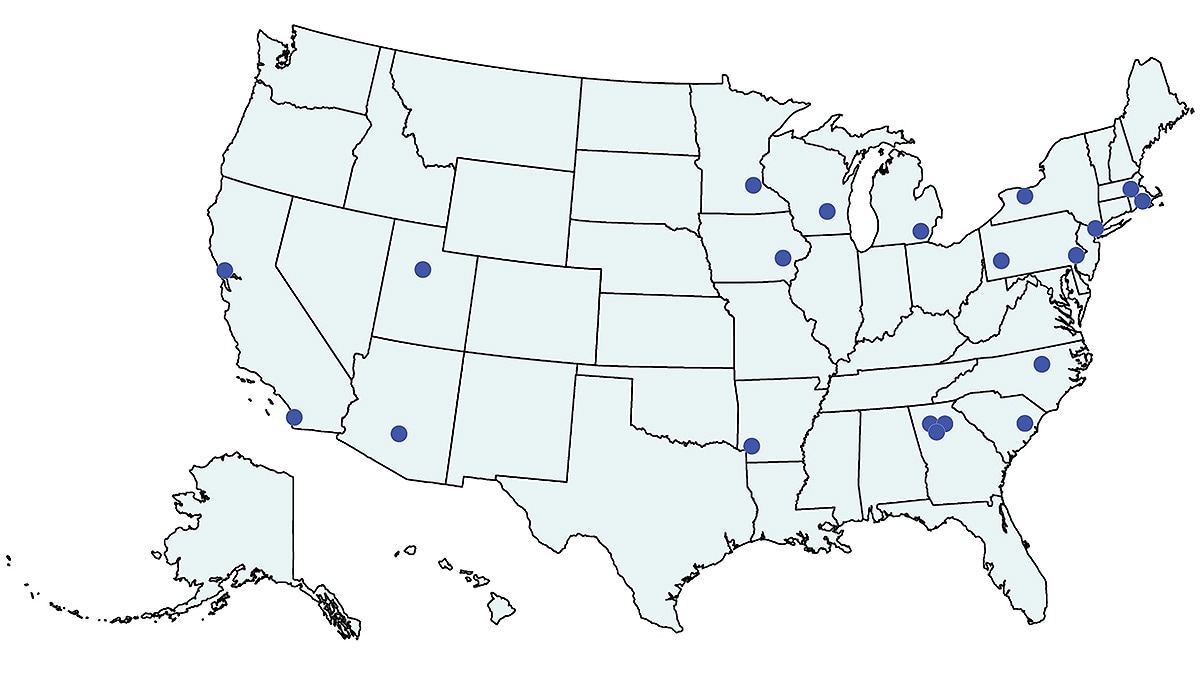 Map showing locations of the 20 currently funded PRCs.