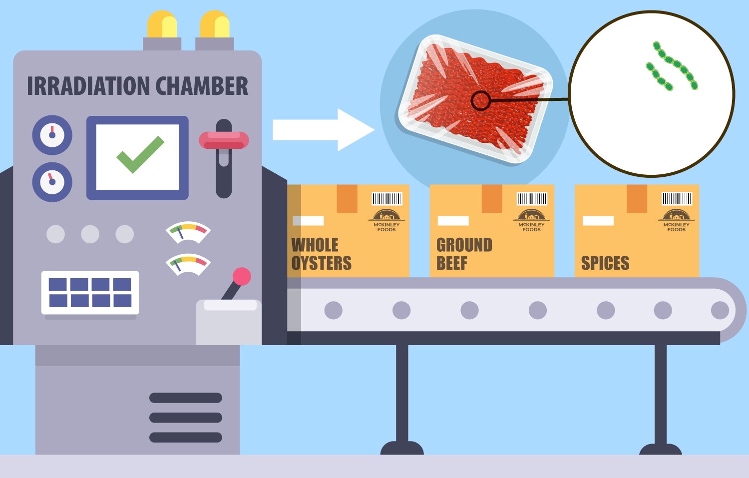 Irradiation chamber is showed with foods leaving it. A close up of meat is shown with an image of less bacteria being present.