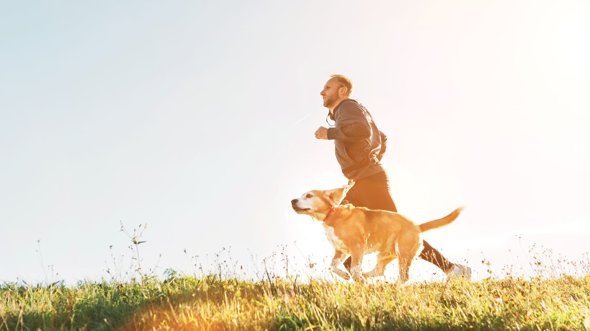 Man Runs with Dog in the early morning