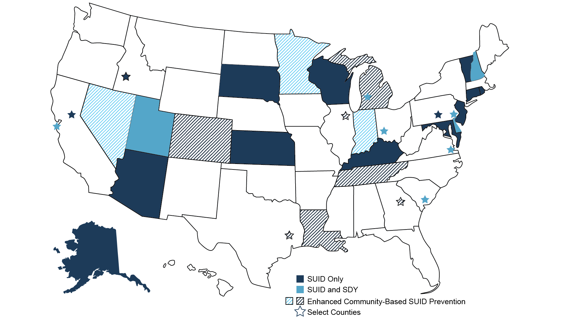 Map showing CDC support for SUID and SDY monitoring and enhanced prevention