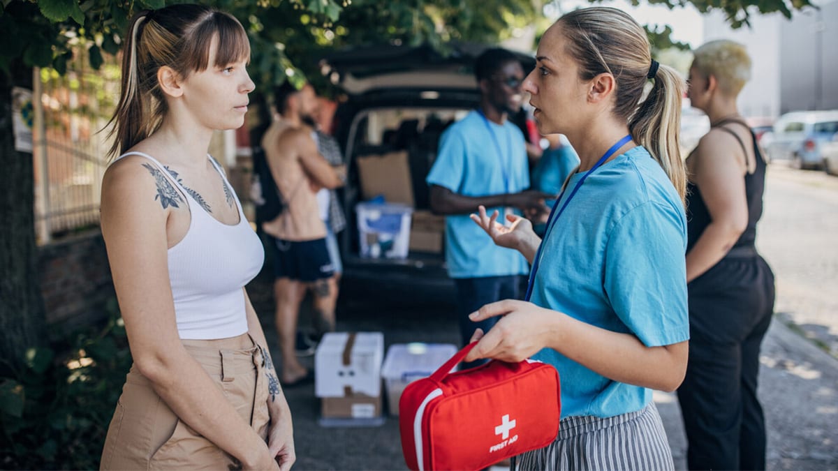 A mobile syringe services program offers aid to clients.