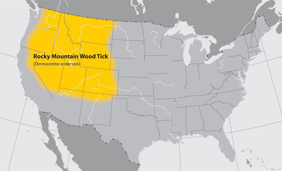 Map of the United States showing the approximate distribution of the Rocky mountain wood tick. The area effected is the Northwestern part of the country.