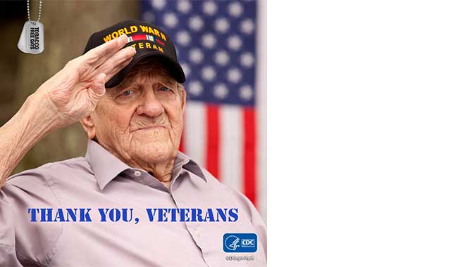 WWII veteran saluting in front of American flag