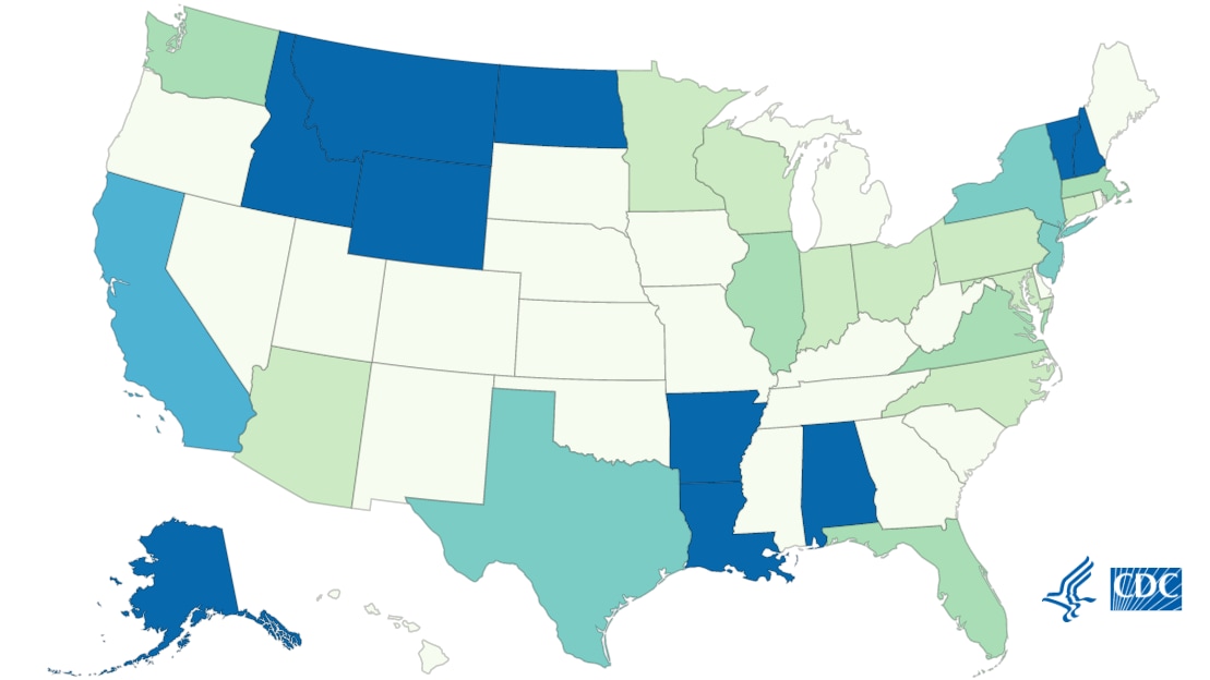 Map of typhoid fever cases in the United States reported to the National Typhoid and Paratyphoid Fever Surveillance System, by jurisdiction in 2016