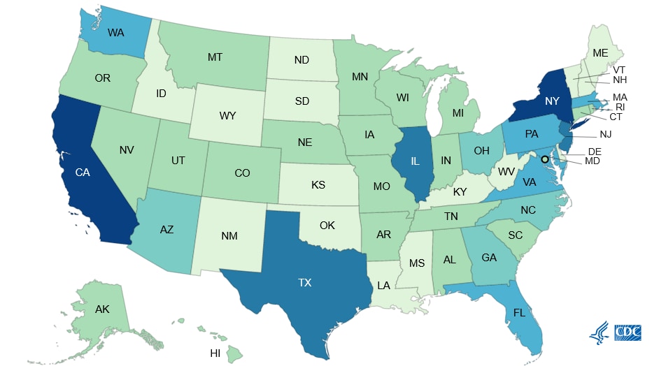 Map of typhoid fever cases in the United States reported to the National Typhoid and Paratyphoid Fever Surveillance System, by jurisdiction in 2018