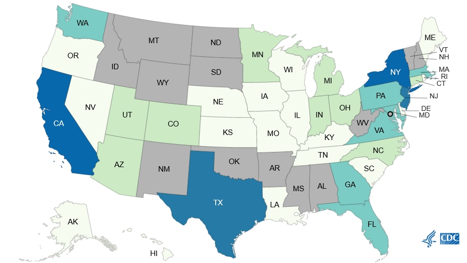 Map of typhoid fever cases in the United States reported to the National Typhoid and Paratyphoid Fever Surveillance System, by jurisdiction in 2019