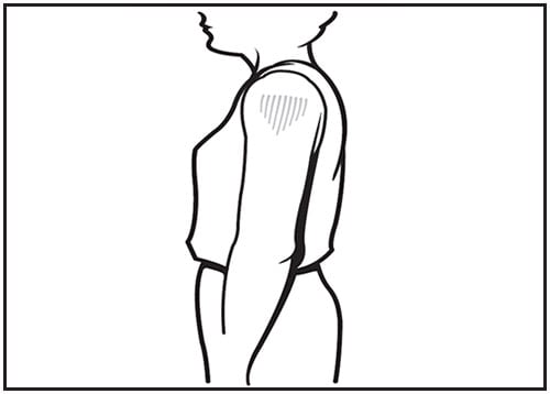 This line drawing is a side view of an adult. The deltoid muscle of the arm is shaded, showing the proper site for intramuscular vaccine administration.