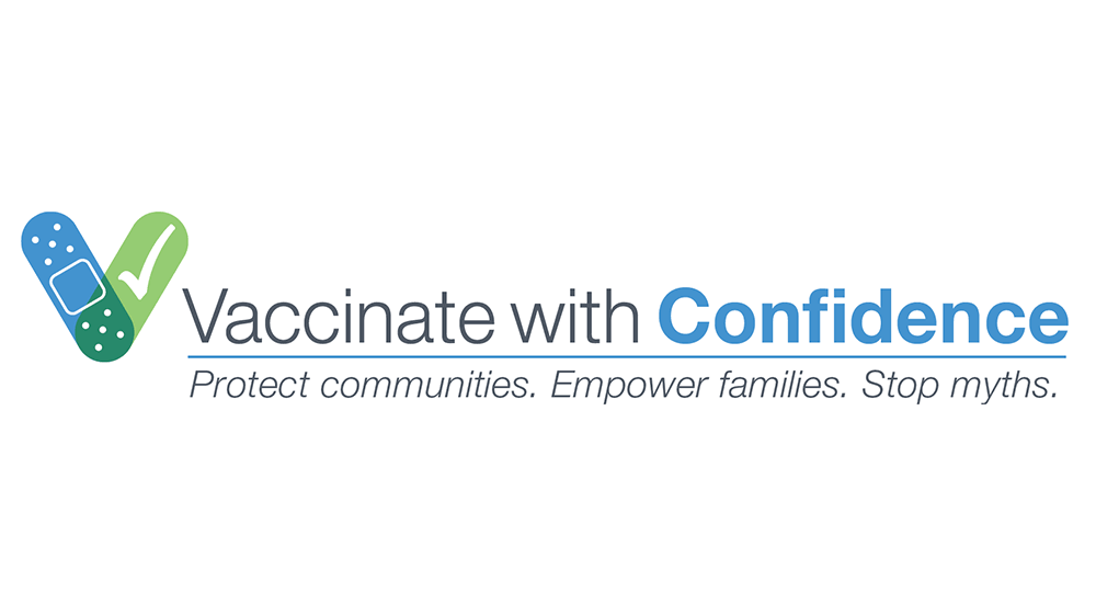 The Vaccinate with Confidence header, with two band aids in the shape of a V at the beginning.